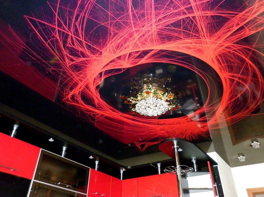 3D натяжной потолок красные абстракции